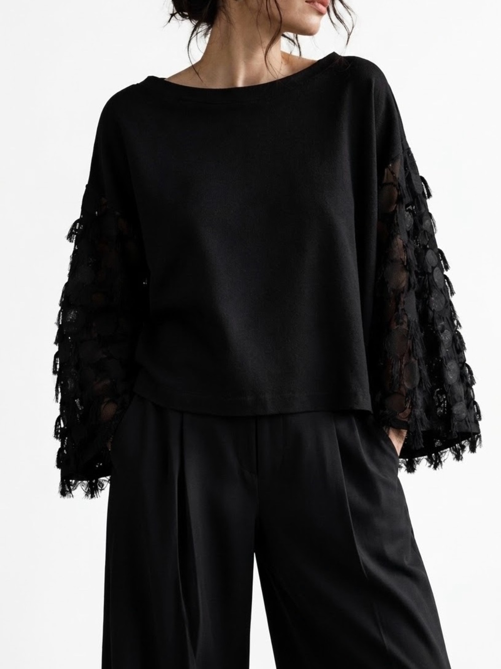H&M Black Lace-Sleeve Pullover Sweatshirt